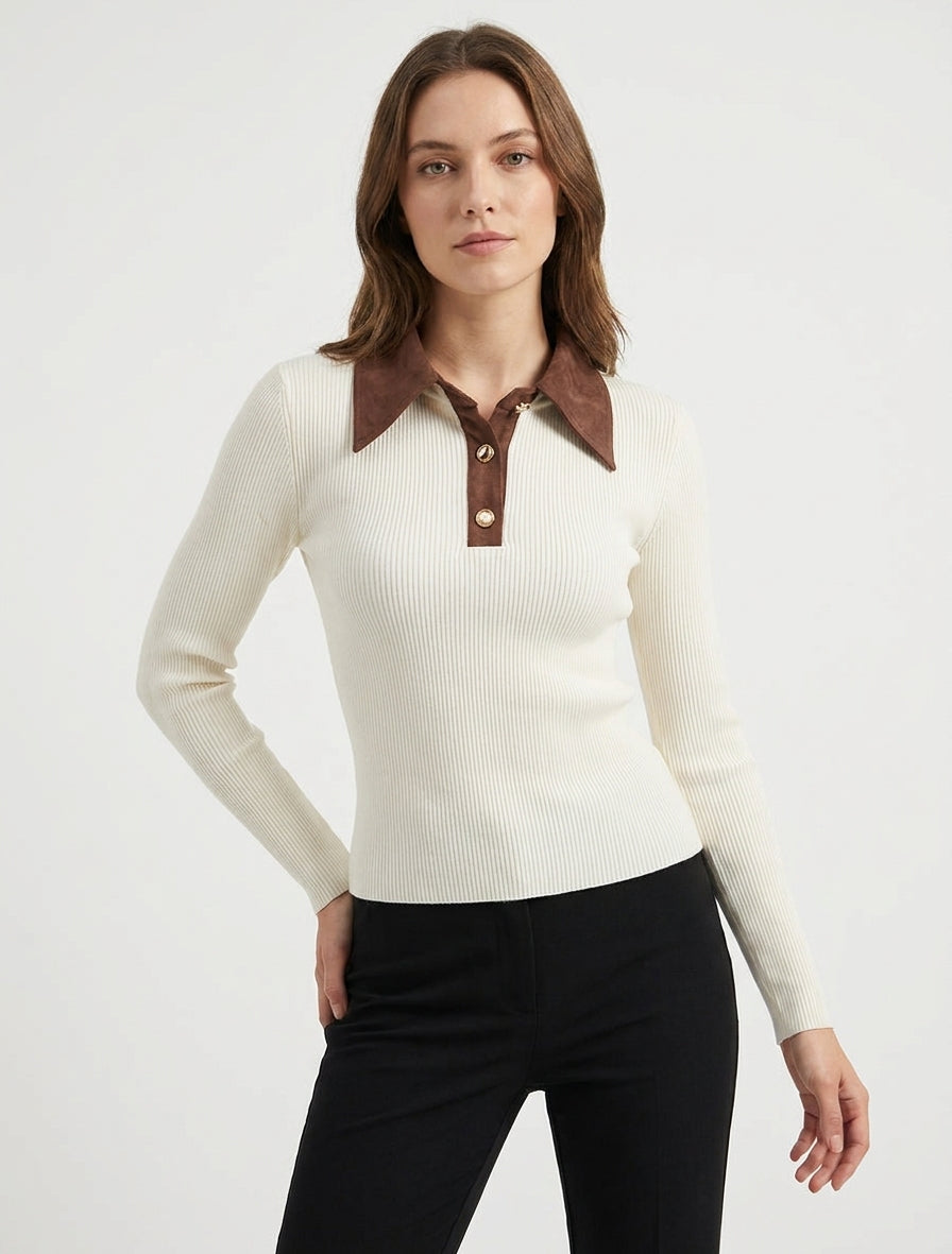 Pull fin en maille à col boutonné en suédine - Écru