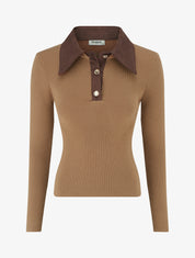 Pull fin en maille à col boutonné en suédine - Camel - 1