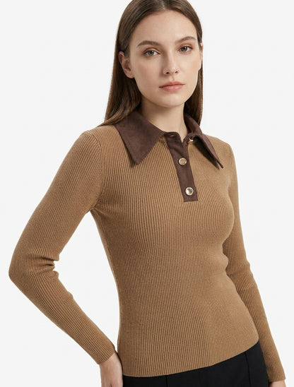 Pull fin en maille à col boutonné en suédine - Camel