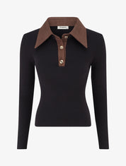 Pull fin en maille à col boutonné en suédine - Noir - 1