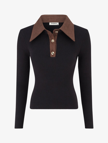 Pull fin en maille à col boutonné en suédine - Noir - 1