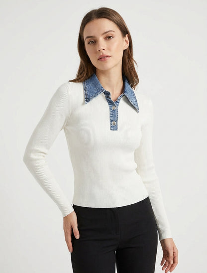 Pull fin en maille à col boutonné en jean - Écru