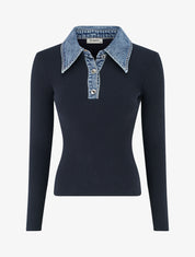 Pull fin en maille à col boutonné en jean - Marine - 1