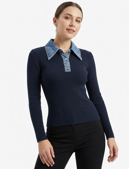Pull fin en maille à col boutonné en jean - Marine