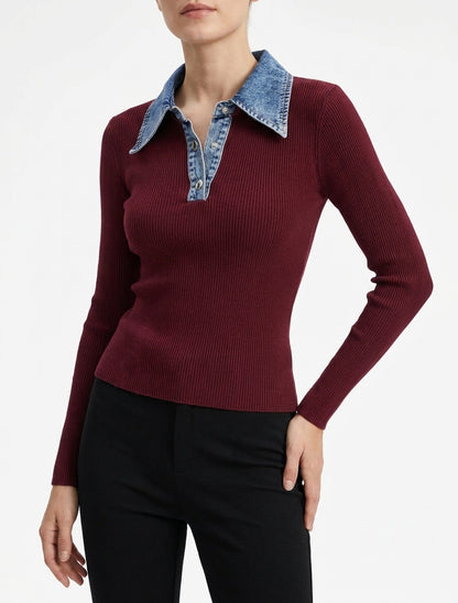 Pull fin en maille à col boutonné en jean - Bordeaux