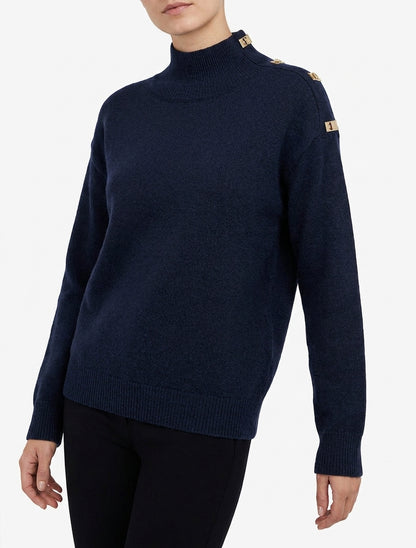Pull droit à col montant et boutons métalliques - Marine