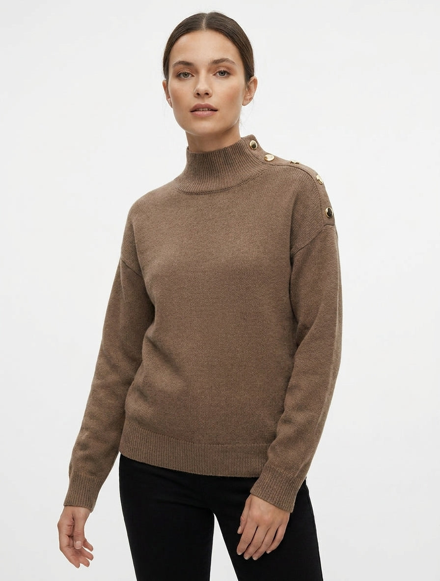 Pull droit à col montant et boutons métalliques - Marron