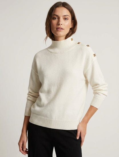 Pull droit à col montant et boutons métalliques - Écru