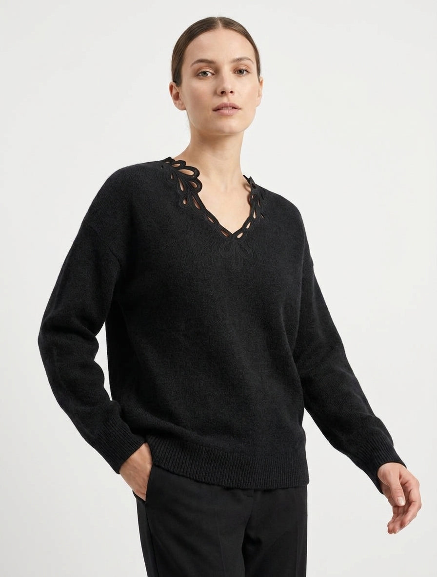 Pull uni à col V ajouré - Noir