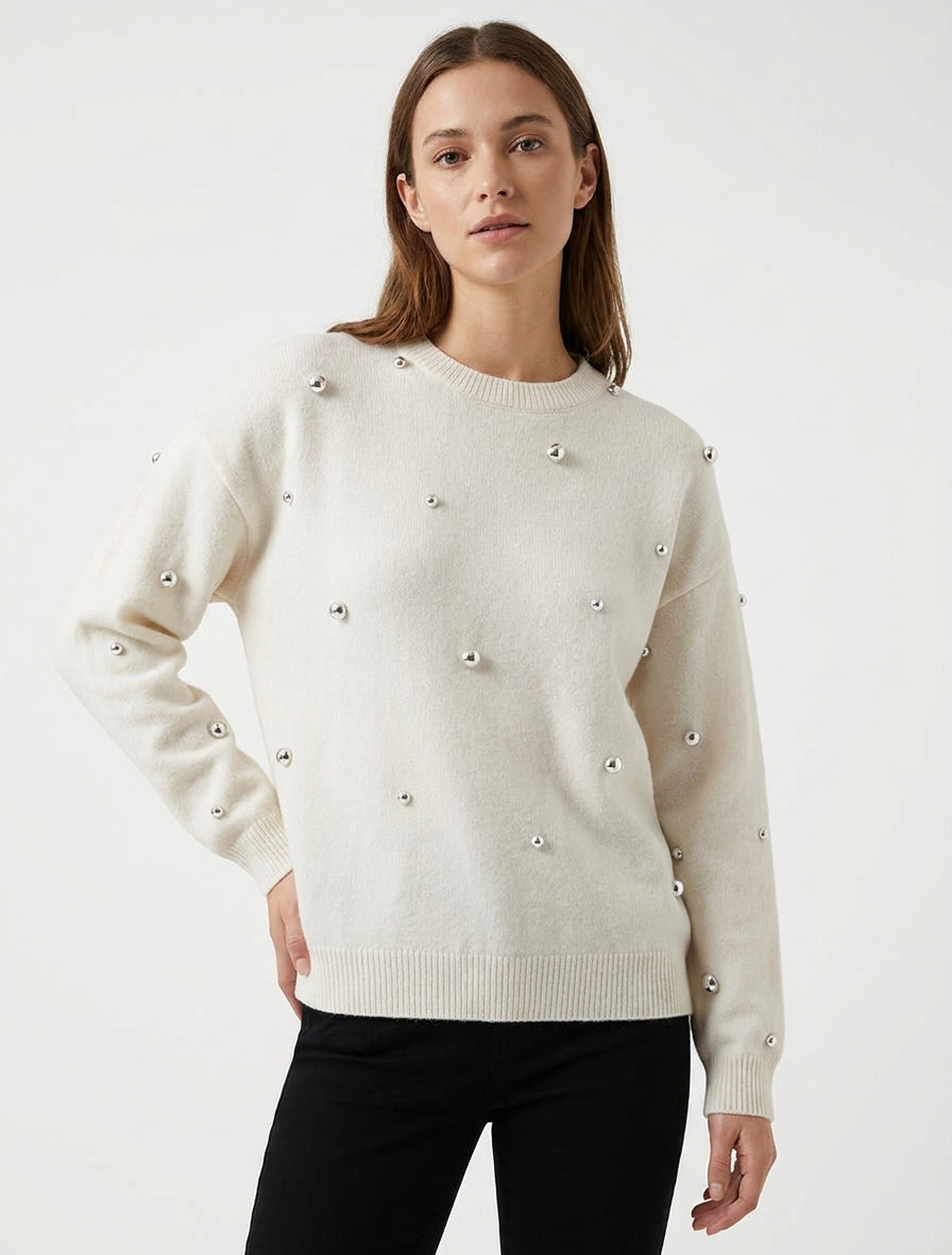 Pull uni clouté à col rond - Écru