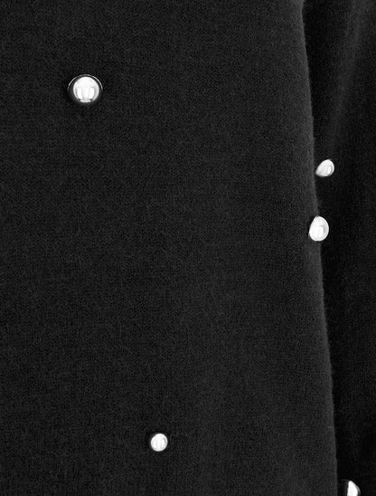 Pull uni clouté à col rond - Noir - 3