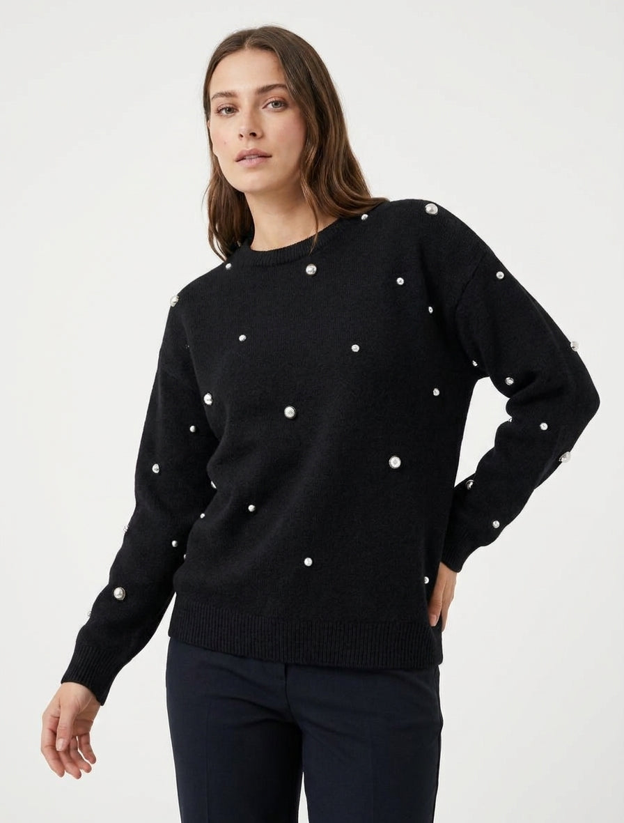 Pull uni clouté à col rond - Noir