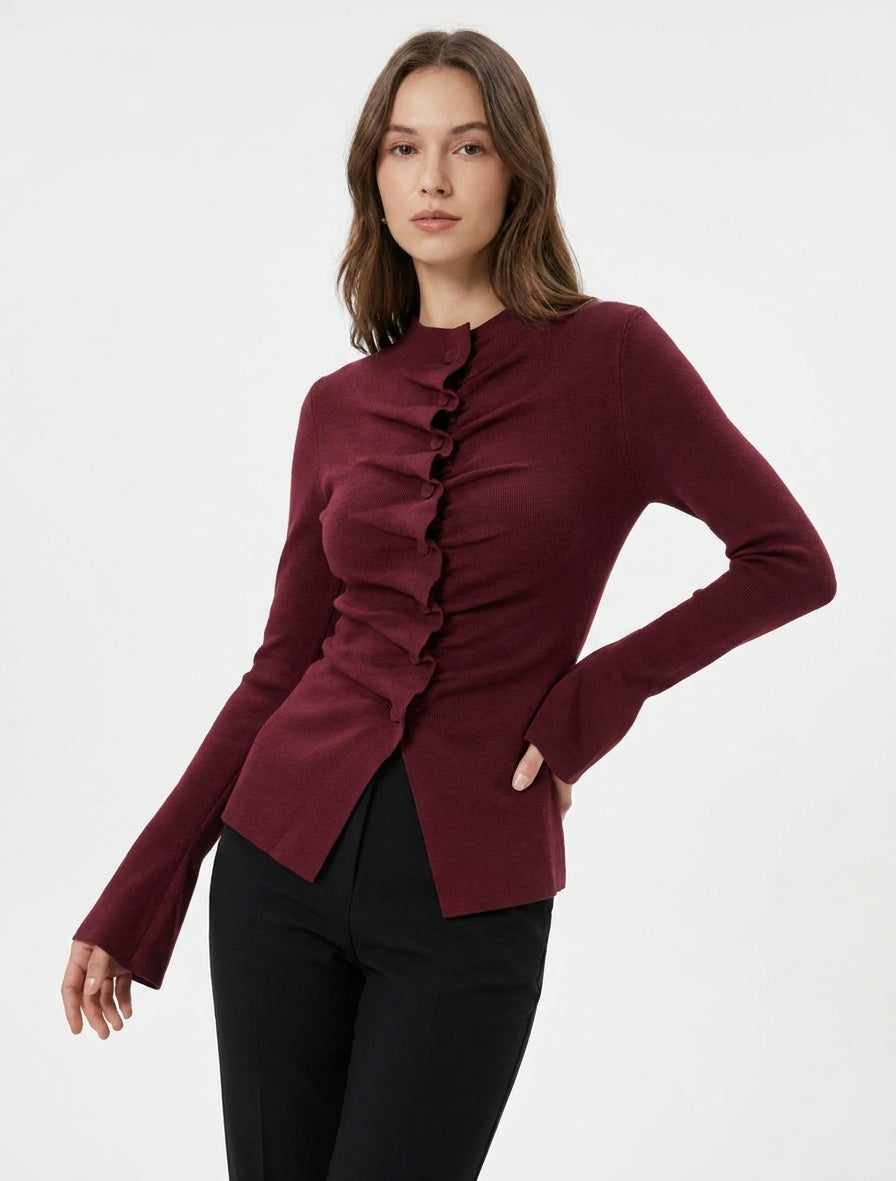 Gilet en maille effet ruché - Bordeaux