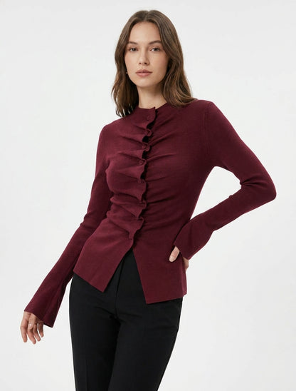 Gilet en maille effet ruché - Bordeaux