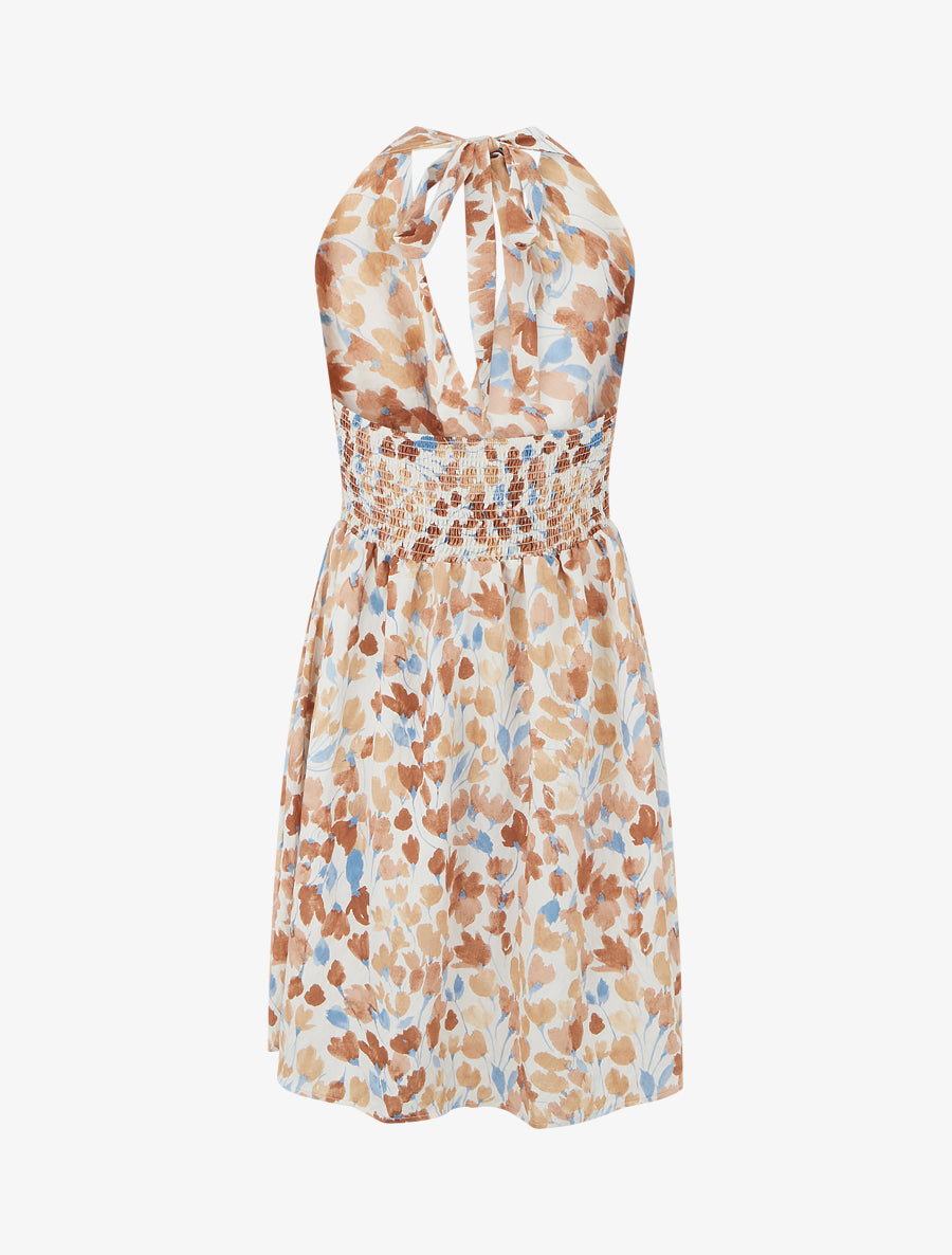 Robe mi-longue dos nu imprimé fleurs abstraites - Marron - 2