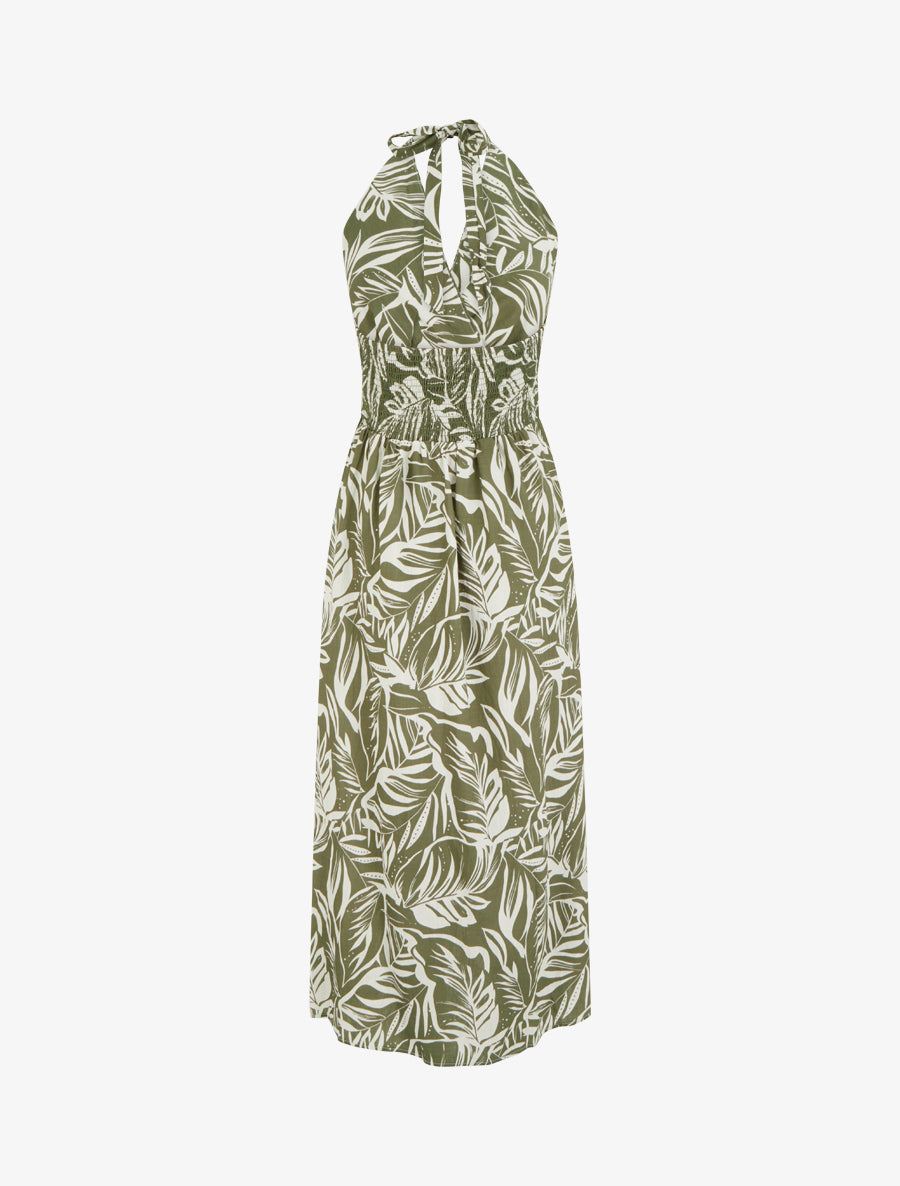 Robe longue dos nu imprimé feuillage - Kaki - 2