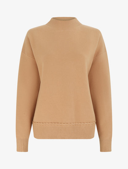 Pull ample à col montant et couture fantaisie - Camel - 1