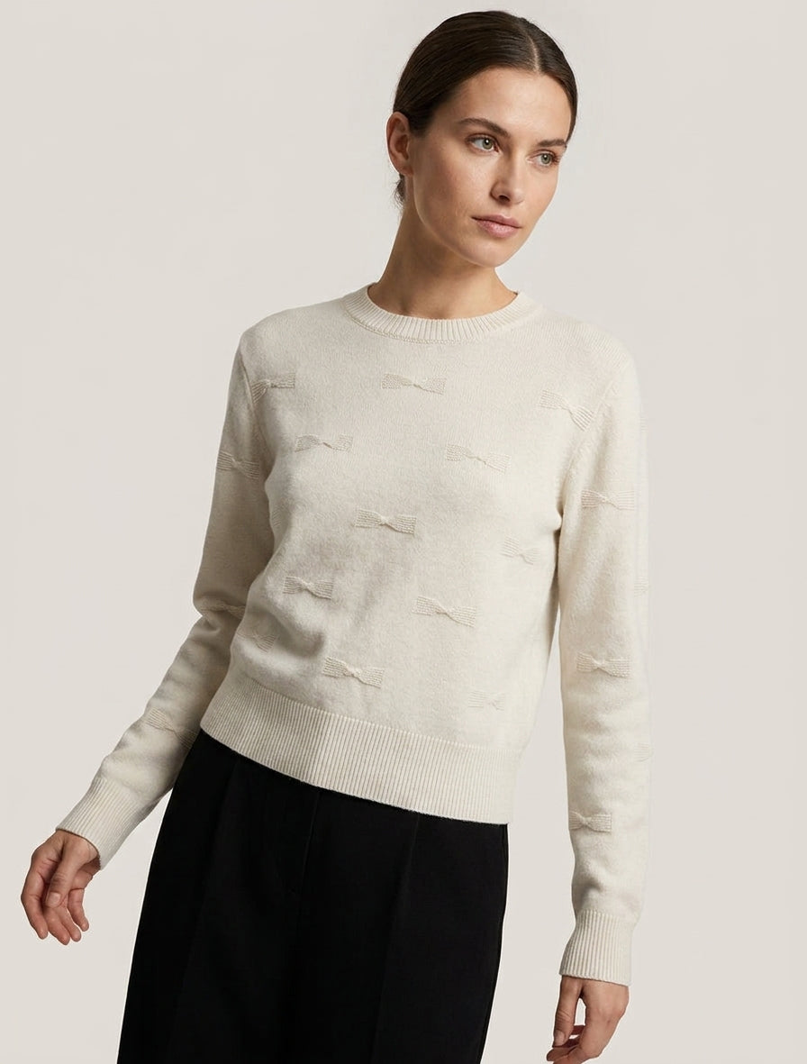Pull droit col rond à motif noeud - Écru