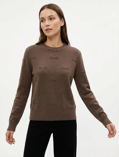 Pull droit col rond à motif noeud - Marron