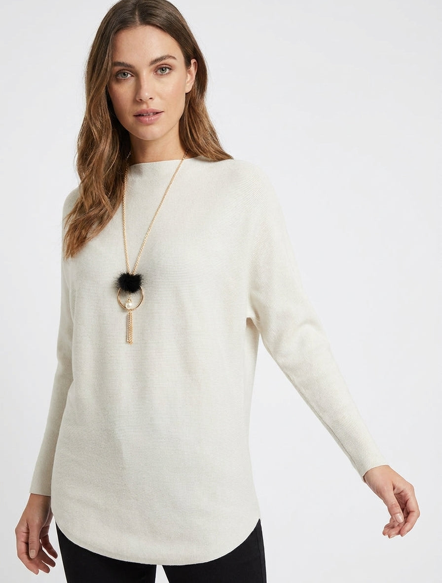 Pull droit à manches chauve-souris et col montant - Écru