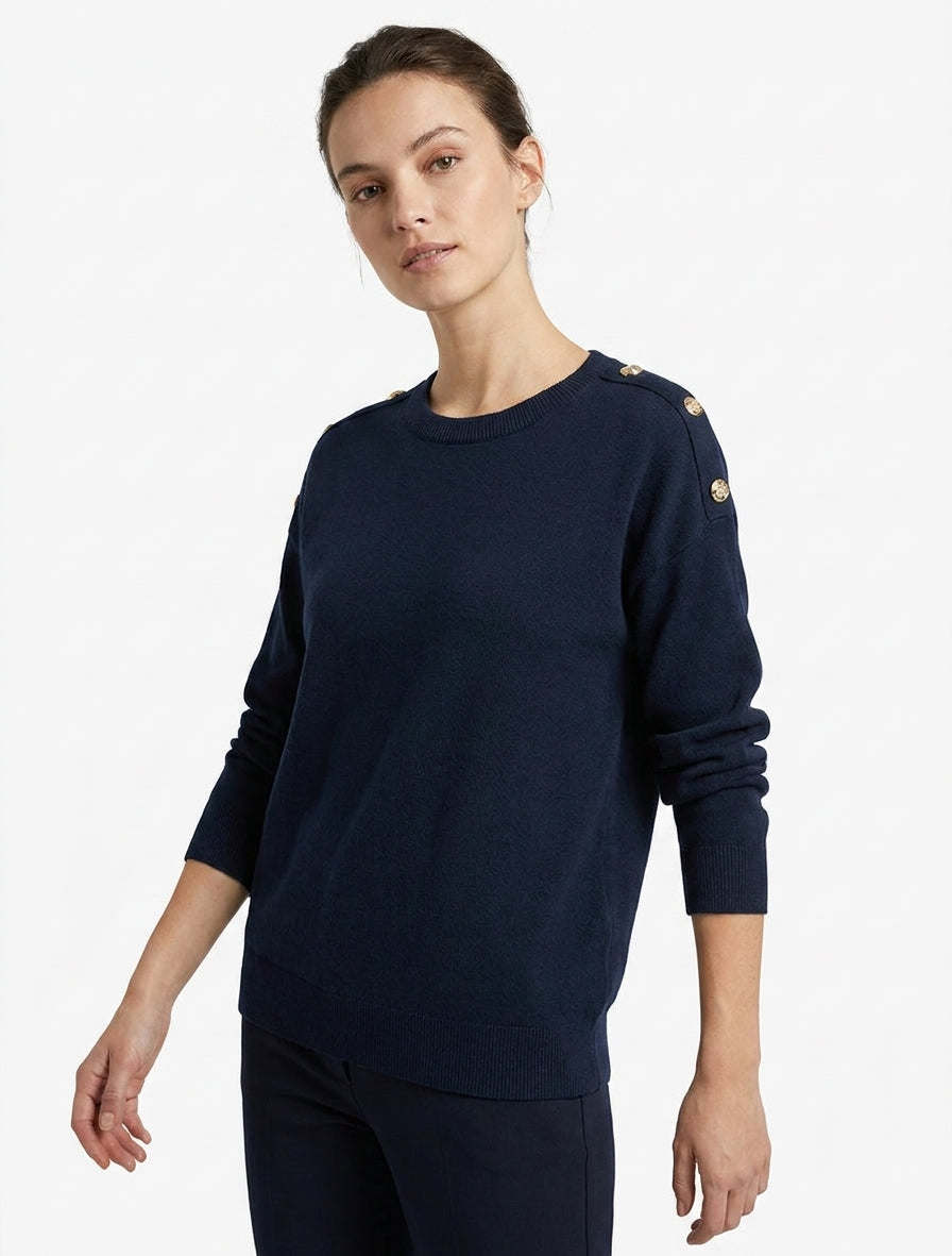 Pull uni à boutons décoratifs aux épaules - Marine