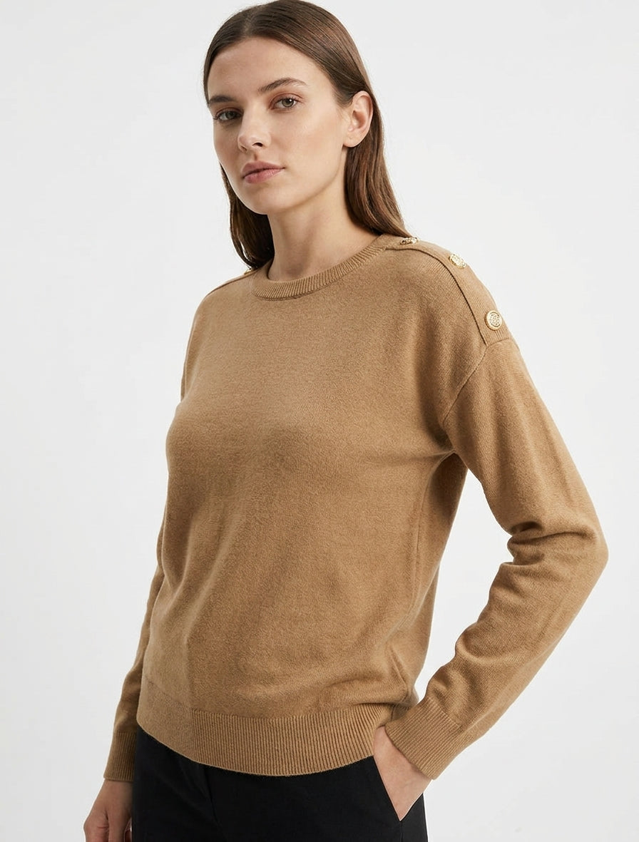 Pull uni à boutons décoratifs aux épaules - Camel