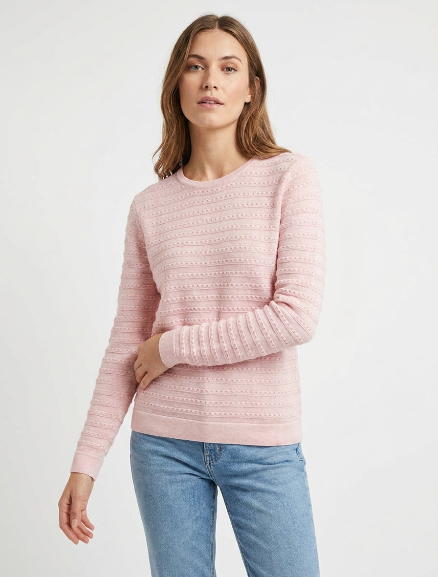 Pull uni texturé à col rond - Rose
