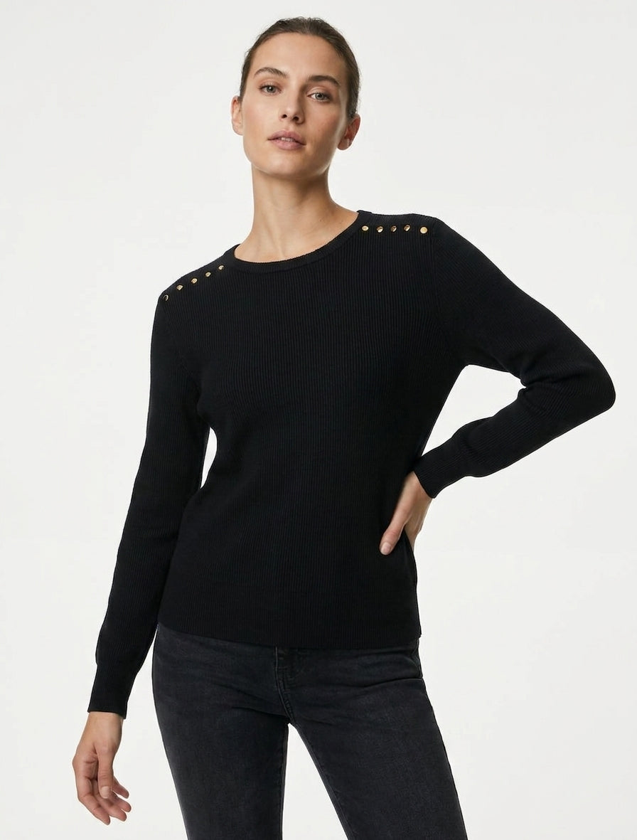 Pull côtelé à clous décoratifs aux épaules - Noir
