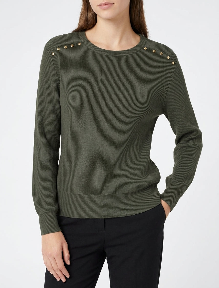 Pull côtelé à clous décoratifs aux épaules - Kaki