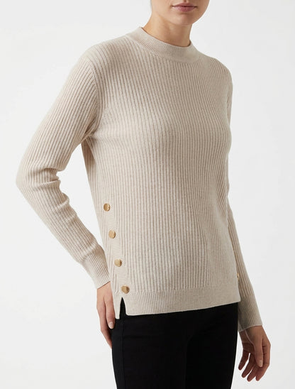 Pull côtelé à empiècement boutons décoratifs - Beige
