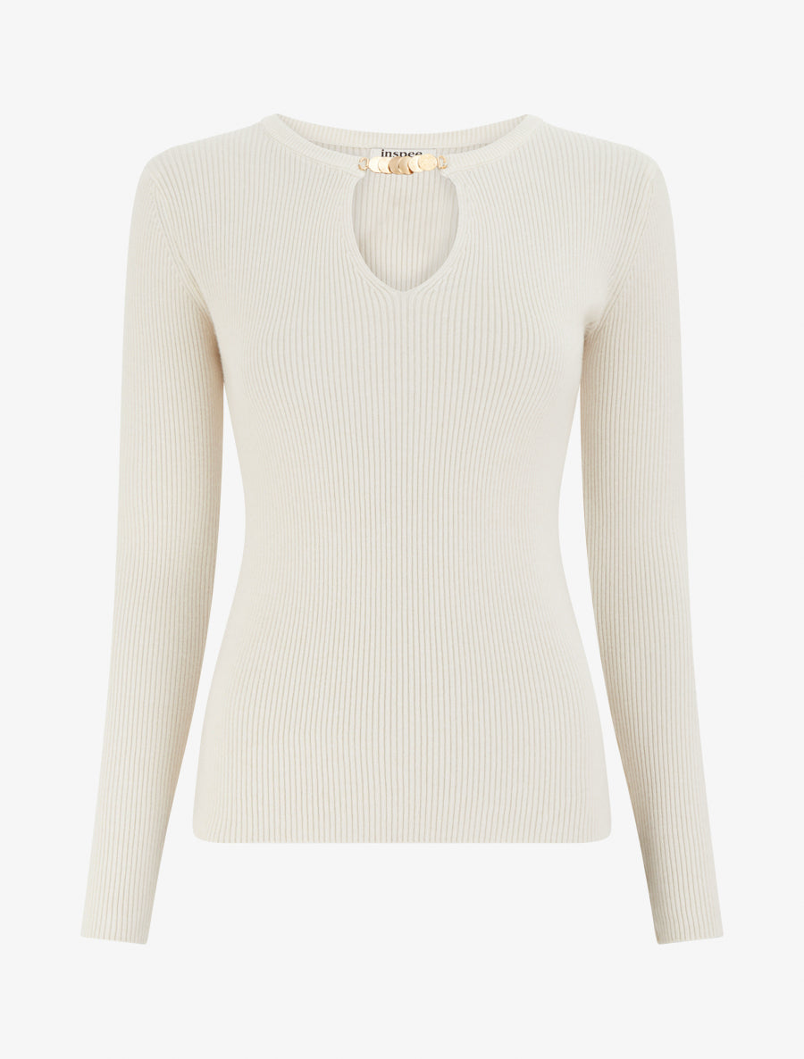 Pull côtelé à empiècement bijou - Beige - 1