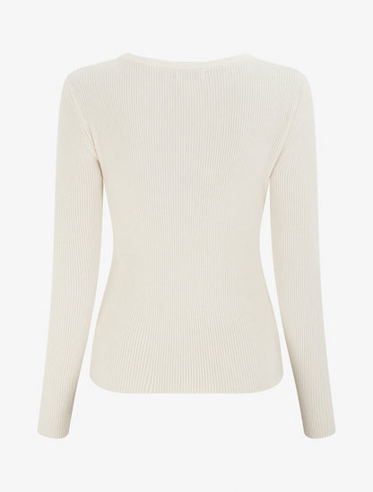 Pull côtelé à empiècement bijou - Beige - 2