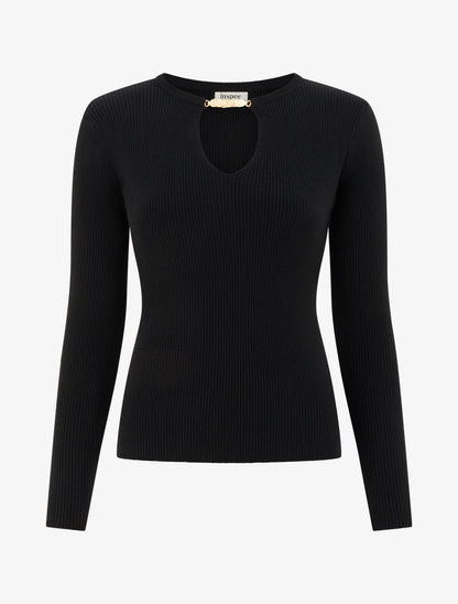 Pull côtelé à empiècement bijou - Noir - 1
