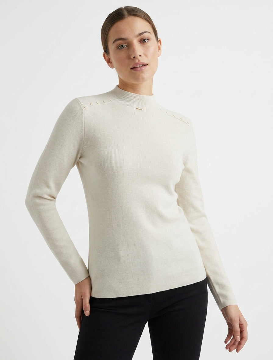 Pull droit à col montant et boutons décoratifs - Beige
