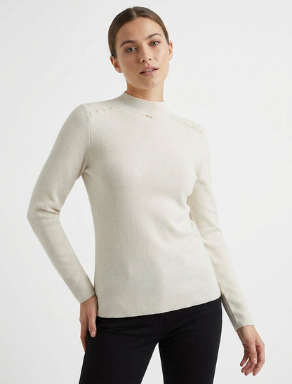 Pull droit à col montant et boutons décoratifs - Beige