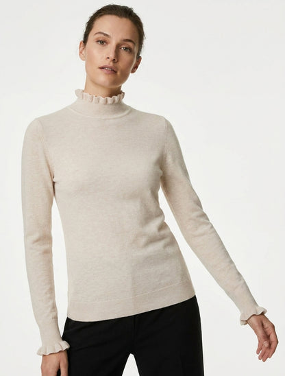 Pull droit à col montant et poignets volantés - Beige