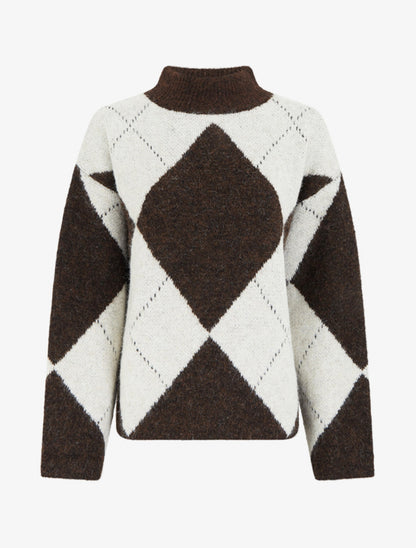 Pull en laine mélangée à motif losanges - Marron - 1