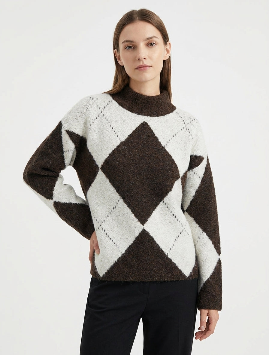 Pull en laine mélangée à motif losanges - Marron