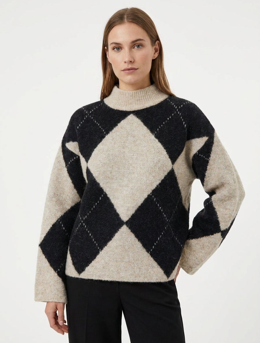 Pull en laine mélangée à motif losanges - Beige