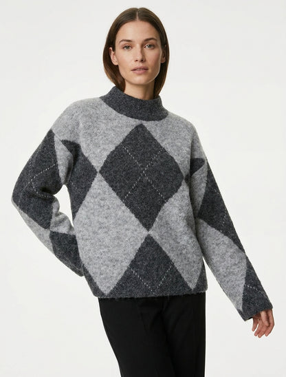 Pull en laine mélangée à motif losanges - Gris