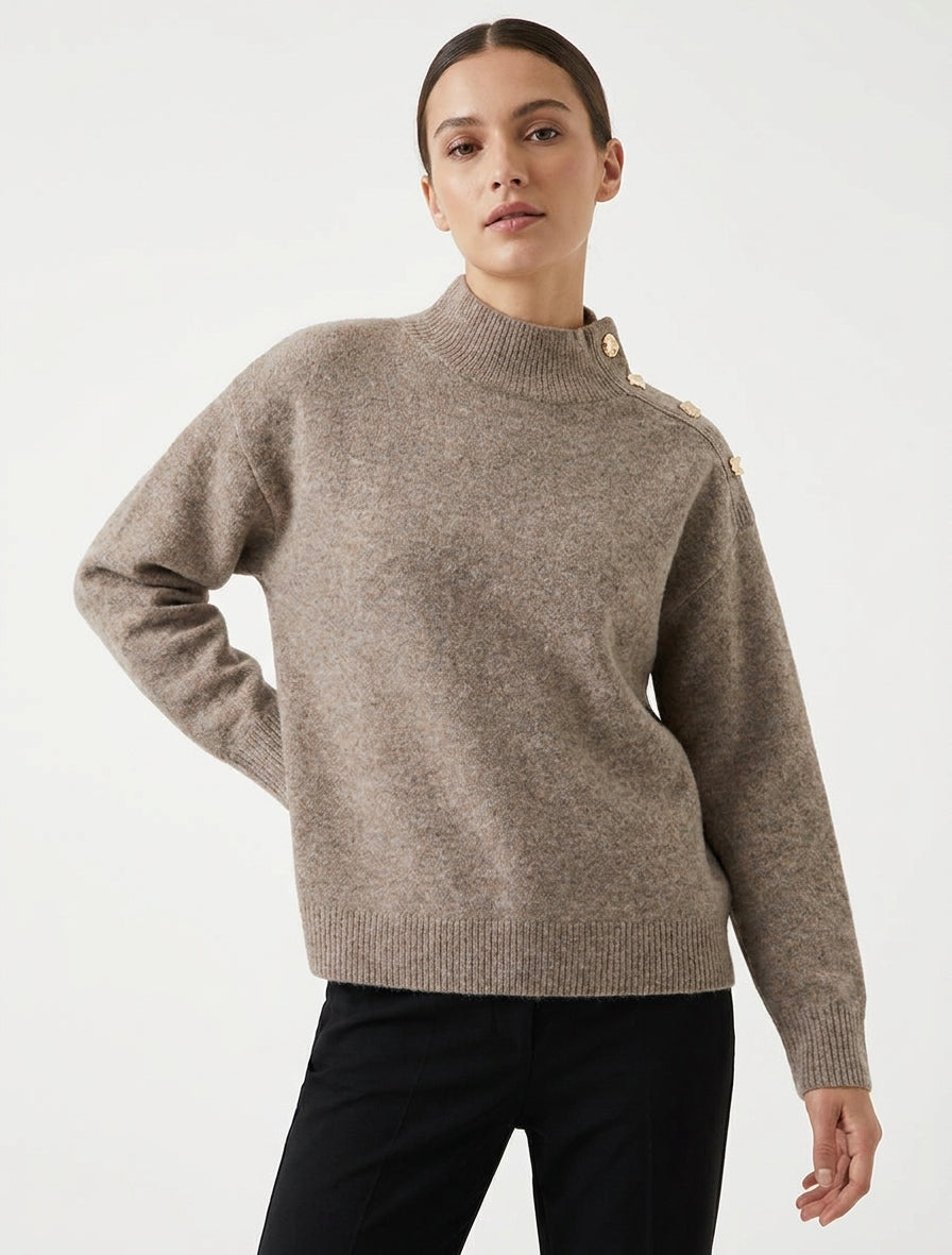 Pull en laine mélangée à boutons fantaisies - Taupe