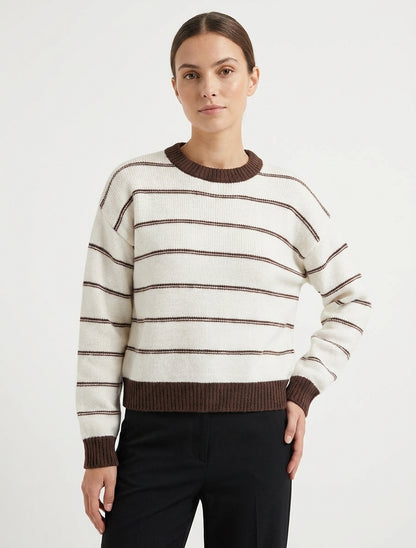 Pull droit rayé à col et bords côtelés - Écru