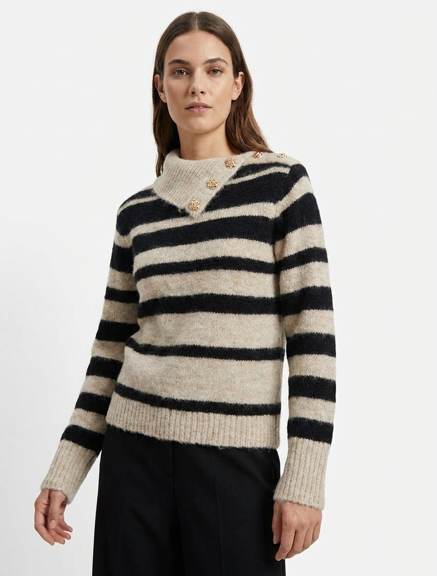 Pull rayé à col châle fantaisie et bouton bijoux - Noir/taupe