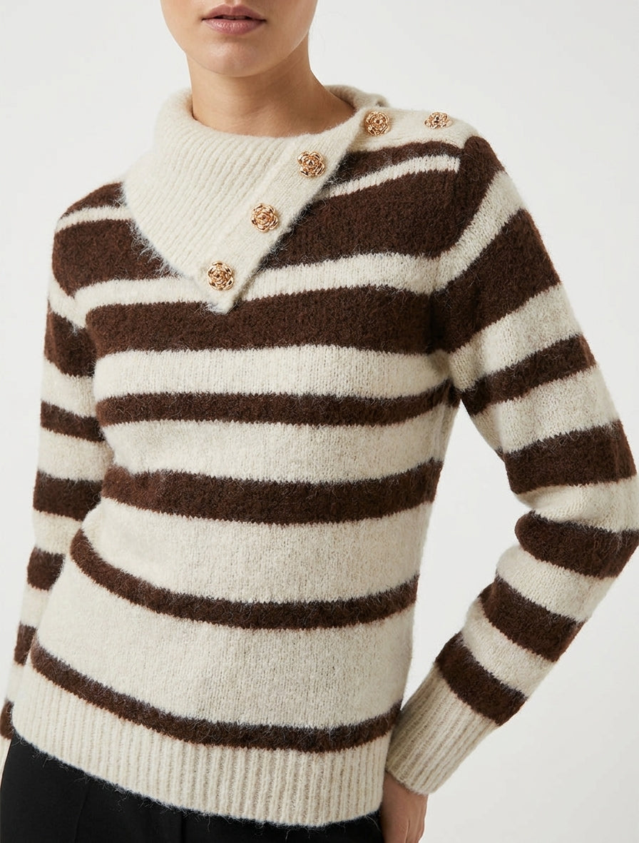 Pull rayé à col châle fantaisie et bouton bijoux - Marron/beige