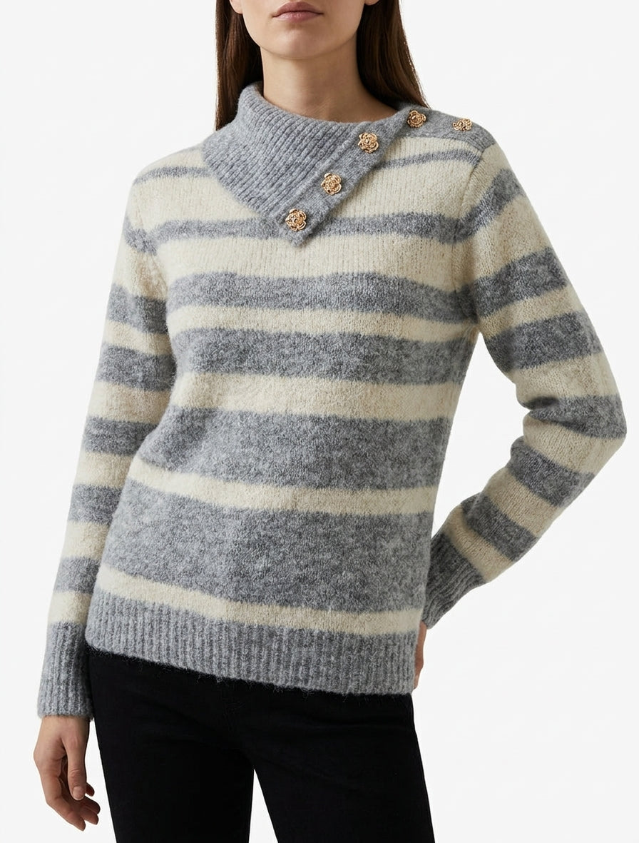 Pull rayé à col châle fantaisie et bouton bijoux - Gris/beige