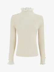 Pull côtelé et pailleté à col montant volanté - Beige - 1