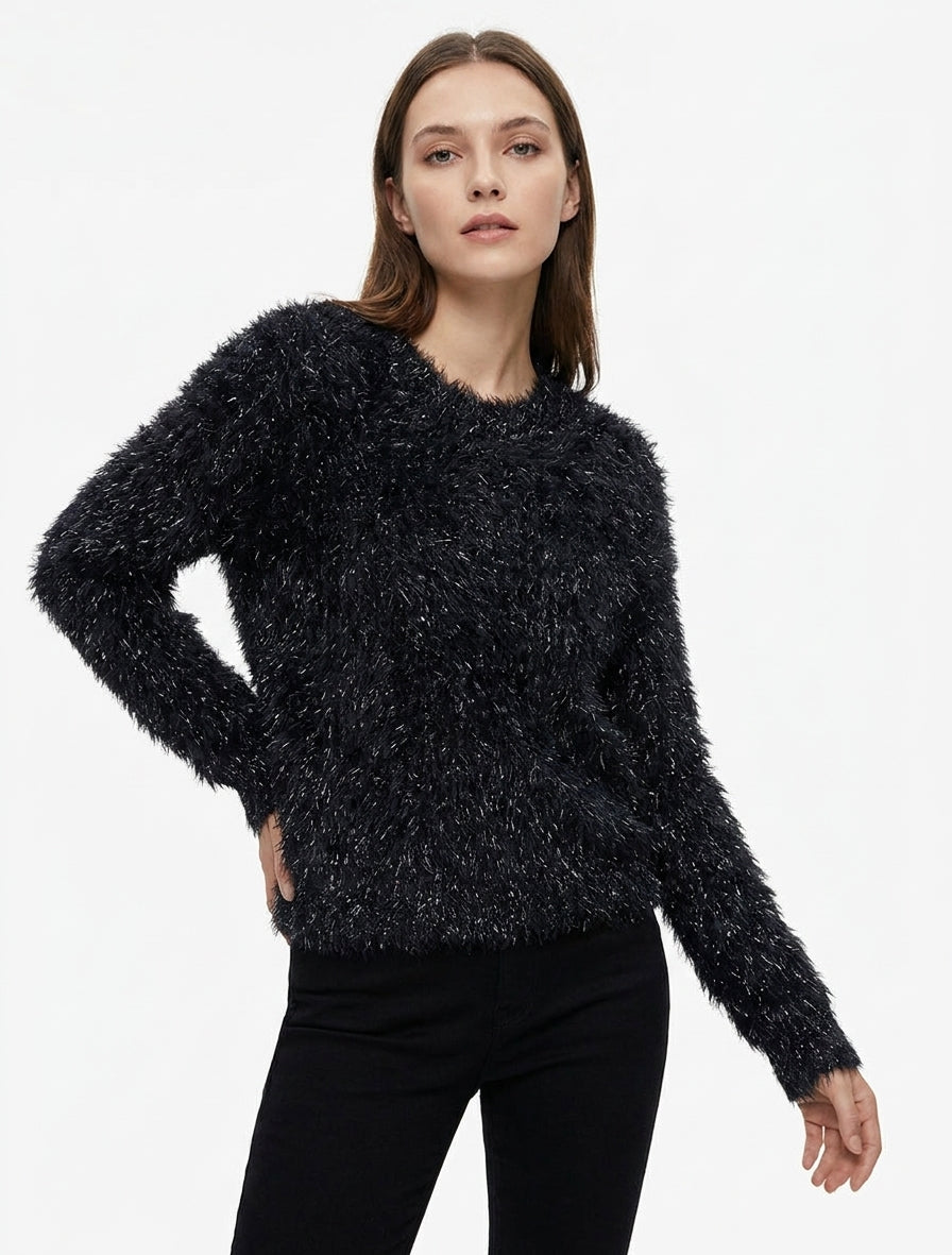 Pull uni duveteux à détail irisé - Noir