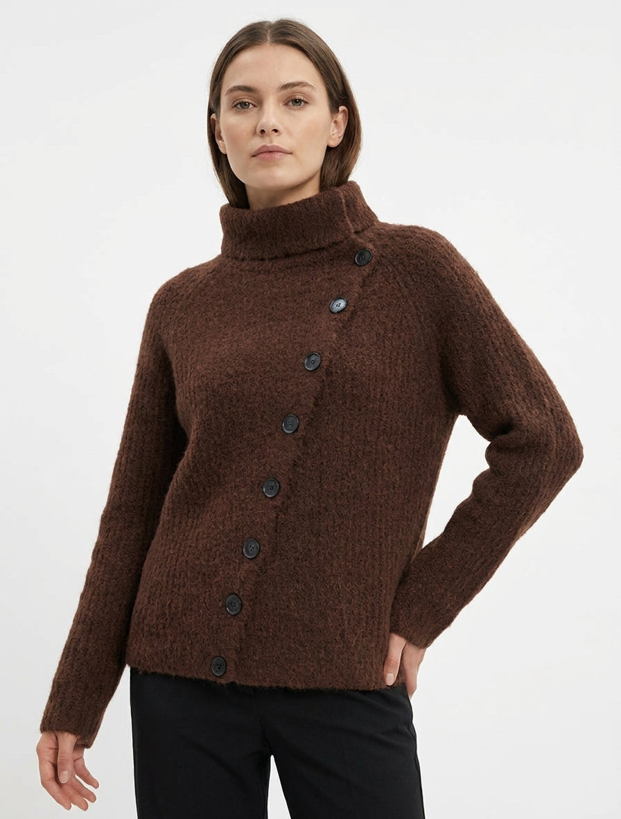 Pull uni à fermeture boutonnée - Marron