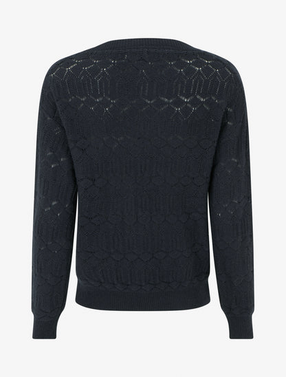 Pull uni ajouré à col rond - Bleu nuit - 2