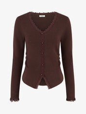 Pull côtelé à fils irisés et dentelle - Marron - 1